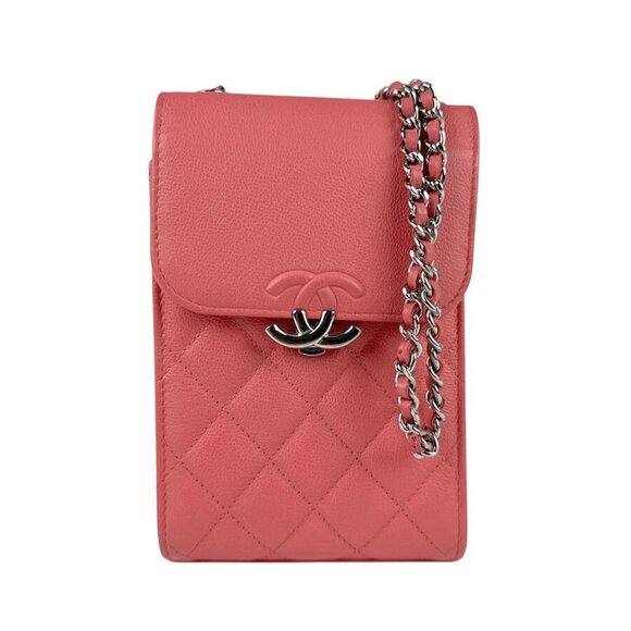 Auth CHANEL Crossbody Shoulder Bag Phone Pouch Pink/Silver Leather/Metal - Picture 1 of 13